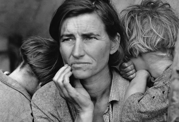 Migrant mother by Dorothea Lange.  Florence Owens Thompson, 32, a poverty-stricken migrant mother with three young children, gazes off into the distance. This photograph, commissioned by the FSA, came to symbolize the Great Depression for many Americans.